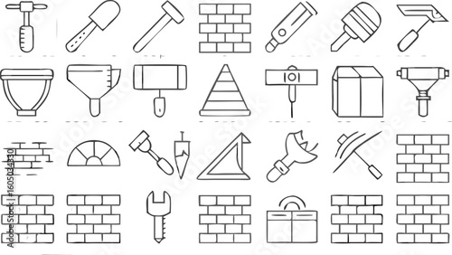 Bricklaying & Masonry Tools Icon Set – Line Art Construction Equipment Collection