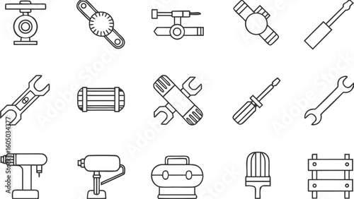 Workshop Tools & Machine Parts Icon Set – Industrial Line Art Equipment Collection