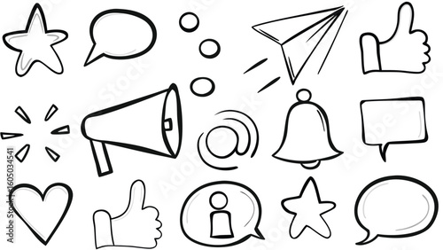 Hand-Drawn Social Media & Communication Icons – Doodle Style Vector Symbols Set