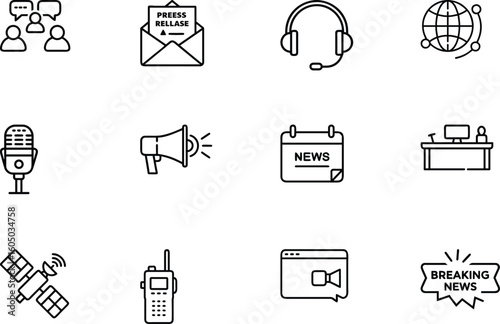 Media Communication Tools Icon Set – Minimal Line Icons for Journalism and Public Relations