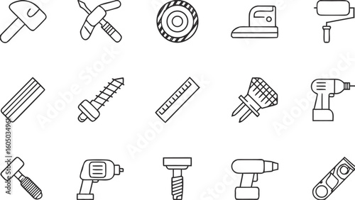 Vector Line Icons of Power Tools and Construction Equipment – Thin Stroke Design