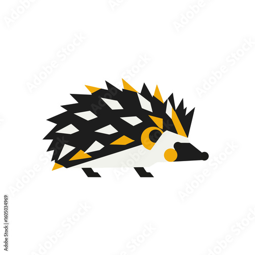 Abstract hedgehog vector illustration in black, gray and yellow geometric design. Image for schools and nurseries, flashcards. Creative icon of animal types	