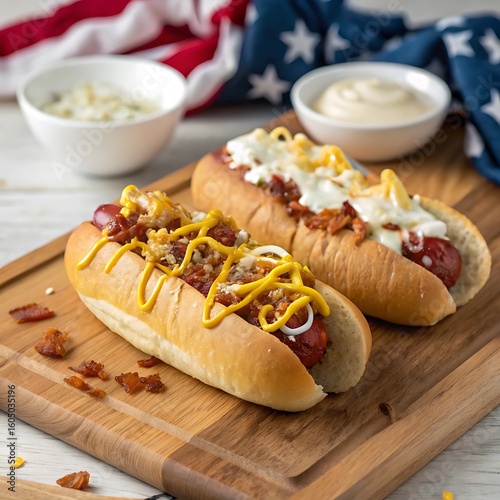 Gourmet hot dogs with toppings perfect for summer bbqs and celebrations high resolution photo