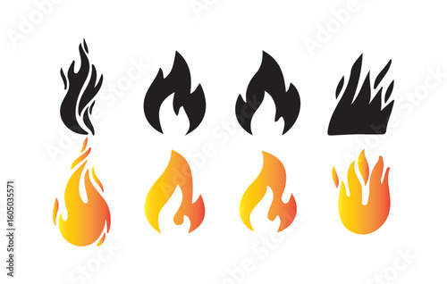 Fire and Flame Icon Set. Black and Gradient Vector Fire Symbols. Victor illustration eps10