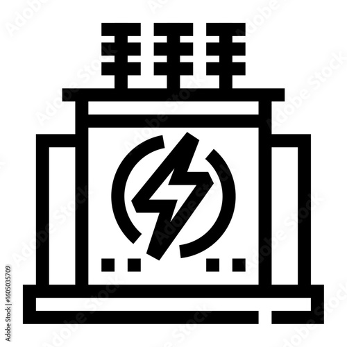 Icono de transformador eléctrico. Dispositivo cuadrado con rayo central y antenas superiores. Conversión de voltaje y distribución de energía. Ilustración vectorial 