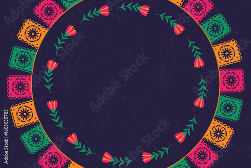 National Hispanic Heritage Month, Fiesta, Cinco de Mayo - festive design template with space for text, paper garlands and flowers arranged in a circle. Vector banner.
