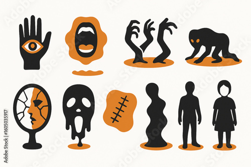 Set of Abstract Halloween Horror Icons in Flat Vector Style