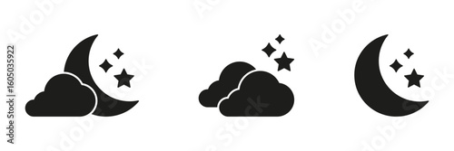 Moon, Stars, And Clouds Solid Icon Set. Nighttime Weather, Sleep, And Dream Symbol Collection. Celestial And Atmospheric Elements. Isolated Vector Illustration