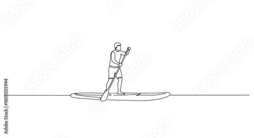 Man paddleboarding on calm water in minimal line art vector, summer physical activities, fun pastime on coast vacations
