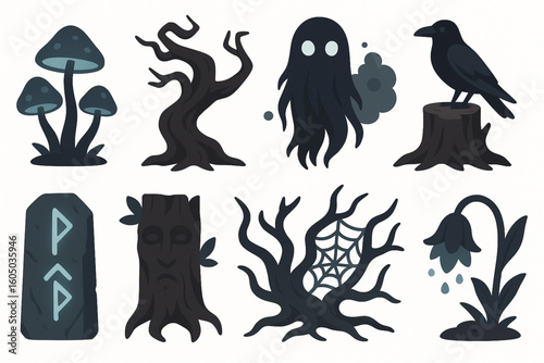 Set of Dark Enchanted Forest Icons in Flat Vector Style