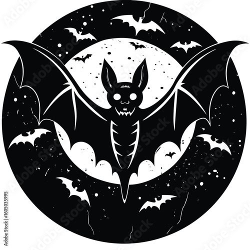 Black silhouette of a bat flying with wide wings moon