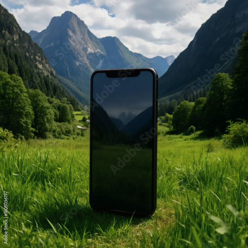 Hyperrealistic image of a modern smartphone placed vertically in the middle of a green field surrounded by tall mountains and leafy trees. The device reflects the natural landscape on its black screen