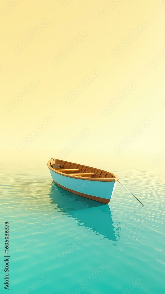 Naklejka premium A Serene Boat Rides in Calm Water, Under a Soft Yellow Sky, Providing a Peaceful View