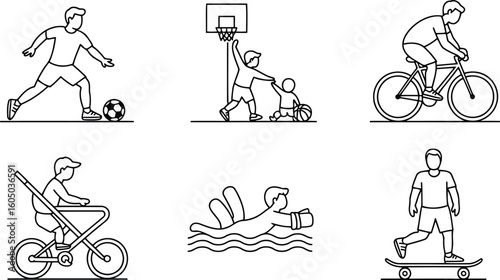 Line Art Illustrations of Active Pursuits: Sports, Recreation, and Family Fun in Simple Style