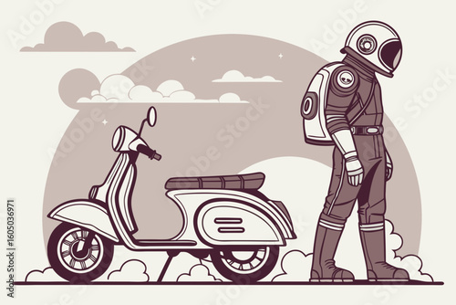 An astronaut with a backpack walking next to a vintage scooter under a cloudy sky with stars above him