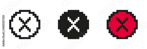 Pixel Art Cross In Circle Icon Set. Pixelated Cross Inside Circle, Symbol Of Cancellation Or Rejection. Isolated Vector Illustration
