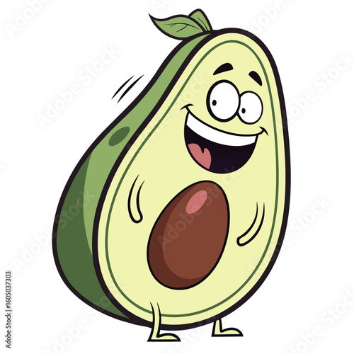 Cartoon avocado character with a big smile and a seed standing on small legs with leaves on top