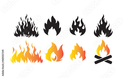 Fire and Flame Icon Set. Black and Gradient Vector Fire Symbols. Victor illustration eps10