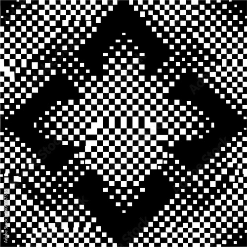 Abstract monochrome pattern featuring checkerboard design with geometric shapes and visual complexity
