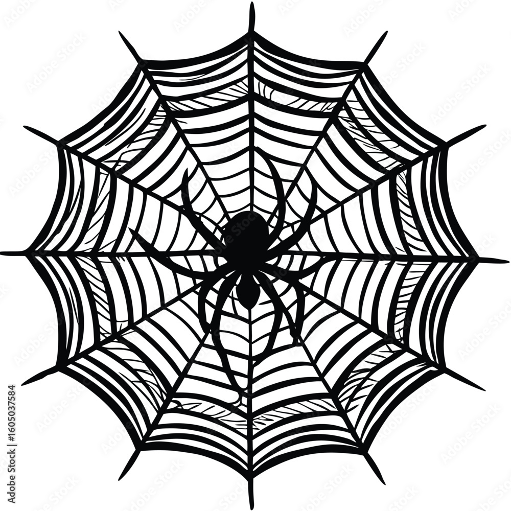 Fototapeta premium Black spider on intricate web silhouette arachnid