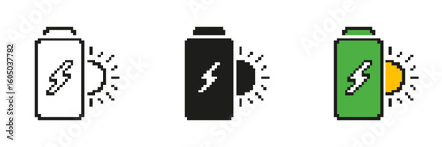 Pixel Art Battery And Sun Icon Set. Pixelated Battery With Lightning Bolt And Sun, Symbol Of Solar Energy. Renewable Solar Power. Isolated Vector Illustration