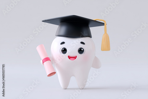 A charming cartoon tooth wearing a graduation cap, holding a diploma, signifying achievement and education