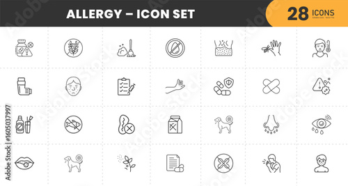 Allergy Icon Set – 28 Medical Line Icons Featuring Symptoms, Triggers, Skin Reactions, Dust, Pollen, Medication, Pets, Asthma, and Immune Response – Clean Minimal Vector Graphics for Healthcare Use.
