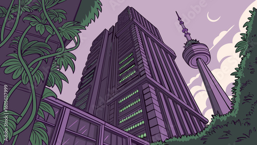 Looking up at a tall building and tower with plants and a crescent moon in the sky at night time