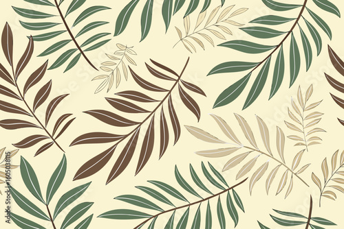 Botanical pattern featuring a variety of fern fronds in shades of green brown and beige on a light background