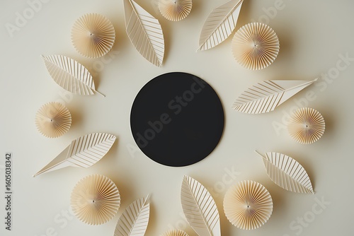 A Minimalist Arrangement of Paper Leaves and Decorative Cones Surrounding a Black Circle