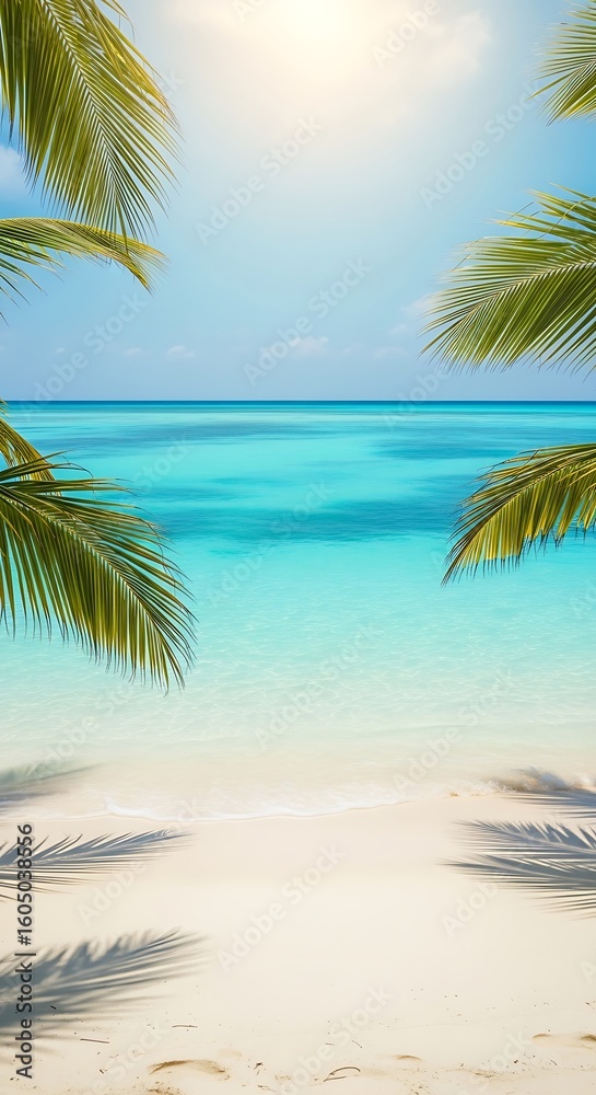 Fototapeta premium Tropical beach scene with palm trees casting shadows on the sand.