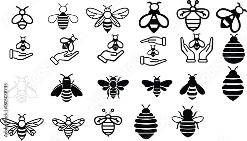Art & IllustBee icon set.Honey bee icon vector silhouette illustration isolated on white background.Whimsical bee icons set.Set of cute bee illustration designs.set of party.Linear style nature,ration