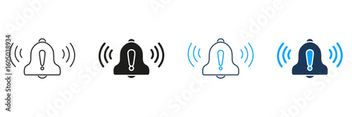 Alarm Bell With Exclamation Mark Line And Solid Icon Set. Notification Alert, Warning Signal, And Urgent Reminder Silhouette Symbol Collection. Emergency And Attention. Isolated Vector Illustration