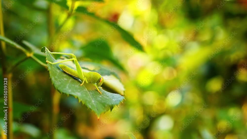 Young green grasshopper aged filly eating rose leaf sitting on it on a blurred yellow, orange, green background with round bokeh effects. Insects pests of garden plants, natural population control