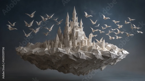 Floating Origami Castle in a Dreamlike Space