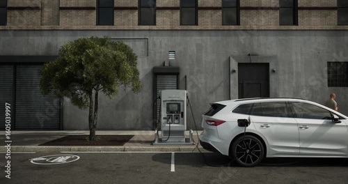 white electric car is parked at charging station on city street. Shift towards sustainable transportation in eco-conscious, urban environment, with emphasis on clean energy