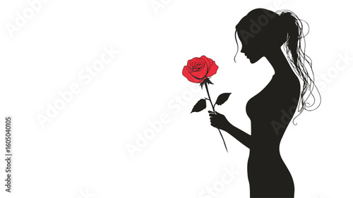 Elegant Silhouette Holding Single Rose: Minimalistic Black and White Image