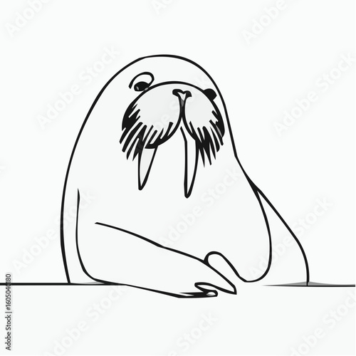 Cartoon walrus with whiskers resting on a table in minimalist design  
