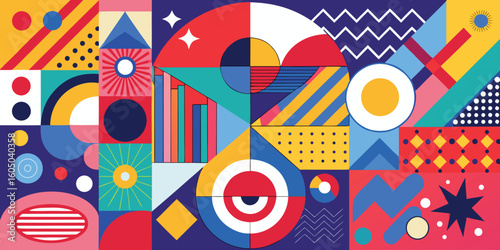 poster filled with bright, colorful shapes and engaging words, creating an energetic and lively visual appeal..eps