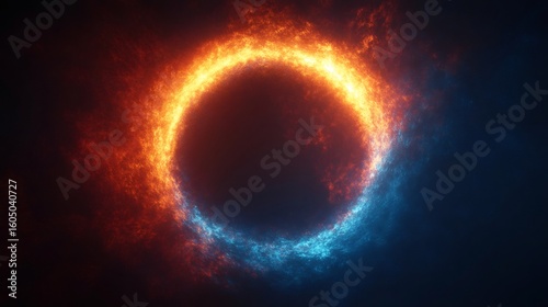 Fire and ice elements colliding creating a glowing circle in space