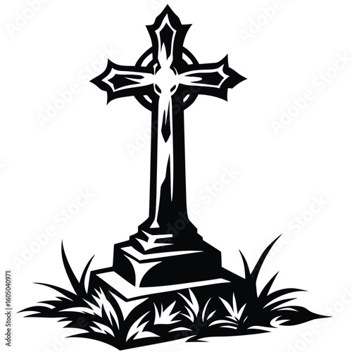Celtic cross gravestone with grass graveyard gothic