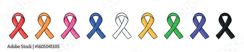 Horizontal banner with 9 hand-drawn awareness ribbons in doodle vector style. Covers HIV, cancer, mourning, child safety, equality and more. Great for educational, health and advocacy uses