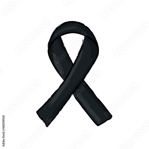Hand-drawn doodle vector of a black awareness ribbon. Represents mourning, grief, and melanoma awareness. Suitable for memorial designs, cancer campaigns, and emotional support themes.