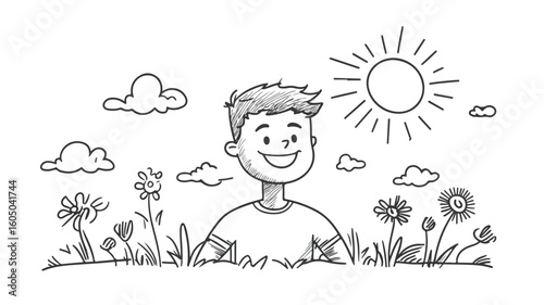 Happy Man Enjoying Sunny Day Simple Line Vector Illustration