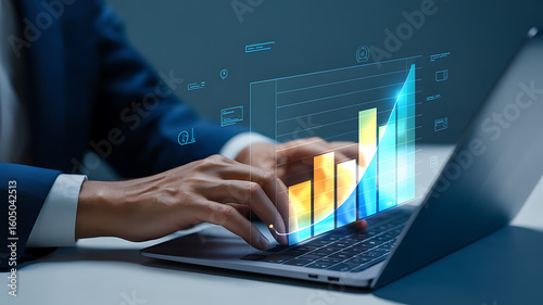 Professional analyzing vibrant growth charts on laptop screen, visualizing success and financial progress with modern technology and data-driven insights for business achievement