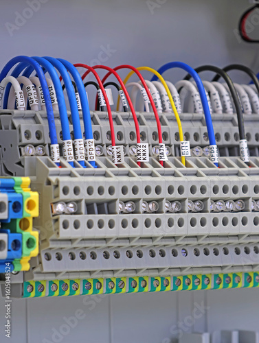 Electrical terminals with connected insulated copper wires with metal lugs. Marking with a thermal printer. 