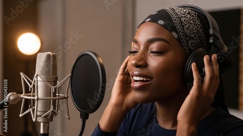 Young Black Woman Singing Into Microphone In Recording Studio with Headphones and Bandana Smiling with Warm Lighting
