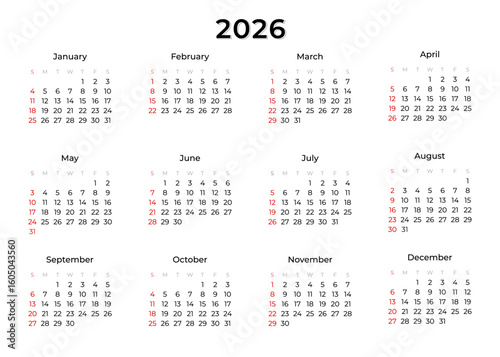 Horizontal annual calendar template for 2026 year isolated on a transparent background. Week Starts on SUNDAY. Business calendar in a minimalist style for 2026 year. Vector illustration