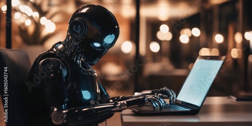 robot sits at computer and works in room