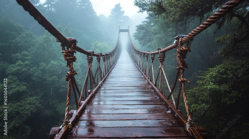 Fototapeta premium old suspension bridge on ropes in fog